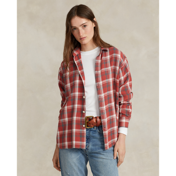 Ralph Lauren Relaxed Fit Plaid Cotton Shirt In Outpost Red/cream Multi