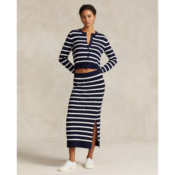 Ralph Lauren Striped Cable-knit Pull-on Sweater Skirt In Hunter Navy/cream  | ModeSens
