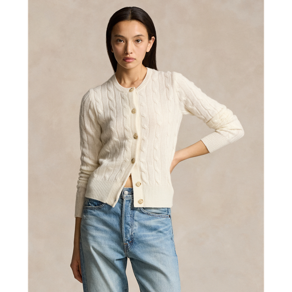 Ralph Lauren Cable-knit Cashmere Crewneck Cardigan In Cream