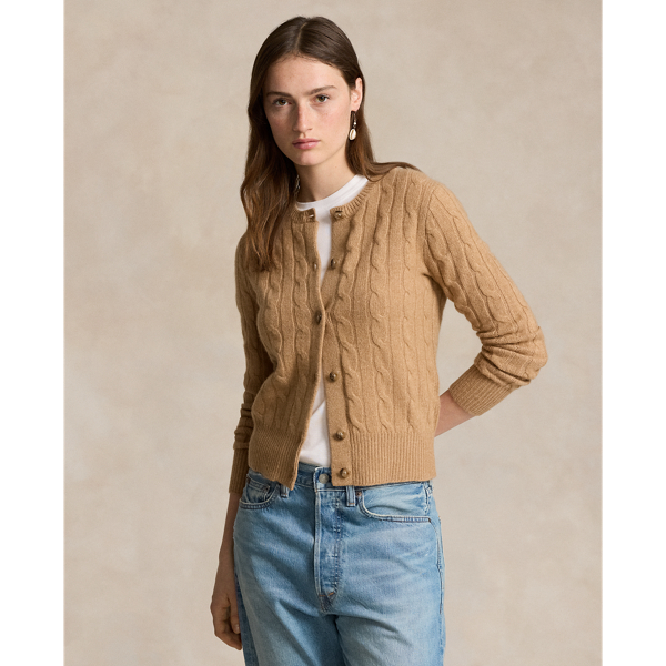 Ralph Lauren Cable-knit Cashmere Crewneck Cardigan In Collection Camel Melange