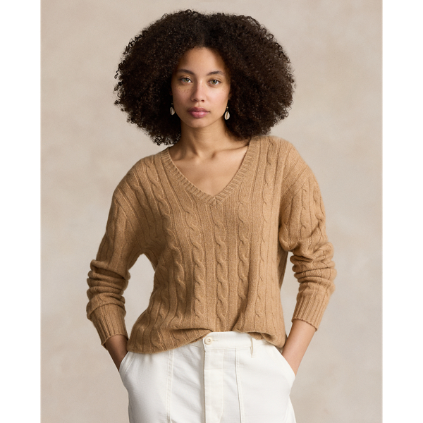 Ralph Lauren Cable-knit Cashmere V-neck Sweater In Camel Melange