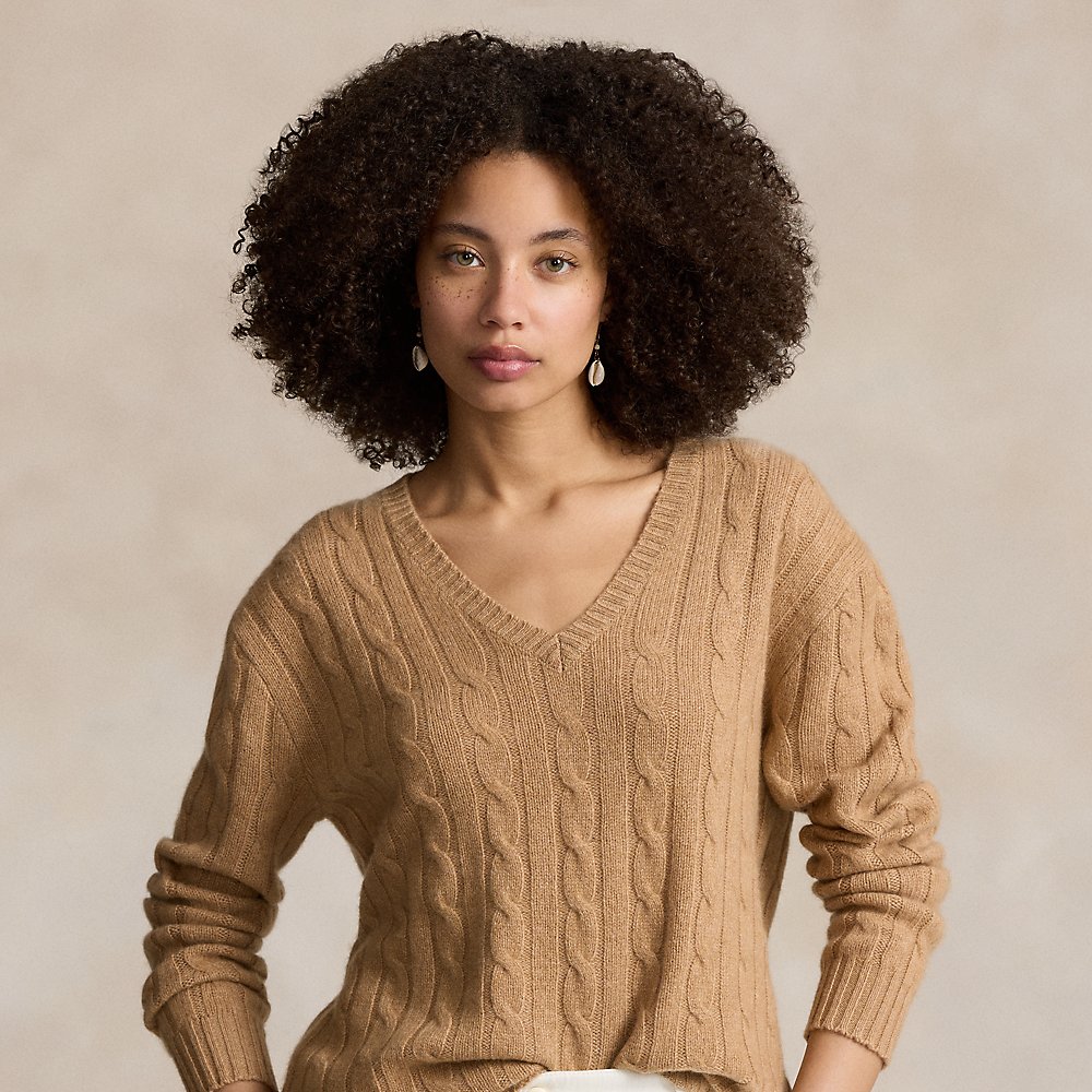Ralph Lauren Cable-knit Cashmere V-neck Sweater In Camel Melange