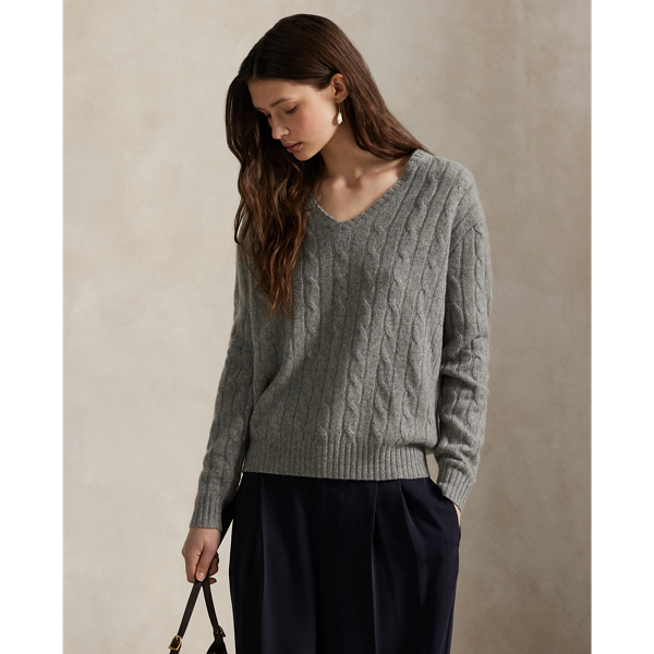 Ralph Lauren Cable-knit Cashmere V-neck Sweater In Battalion Grey Heather