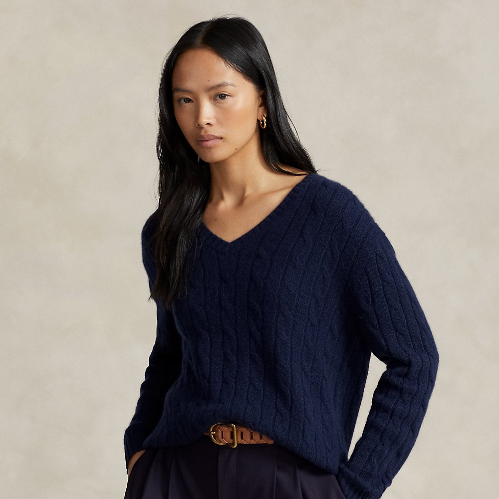Ralph Lauren Cable-knit Cashmere V-neck Sweater In Hunter Navy
