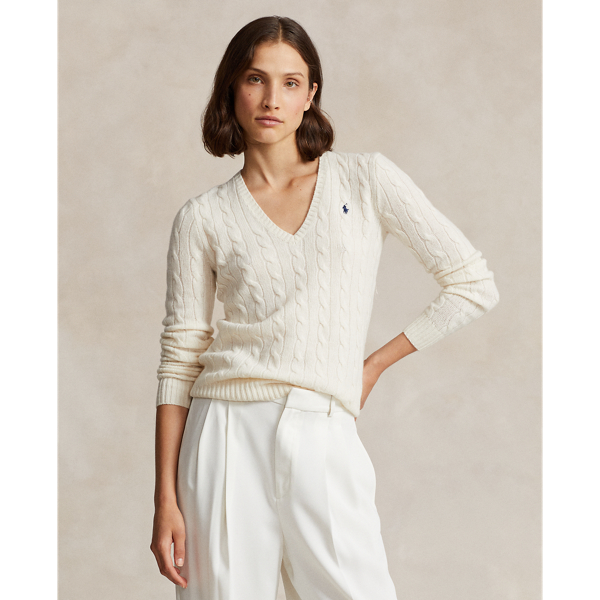 Ralph Lauren Cable-knit Wool-cashmere V-neck Sweater In Cream