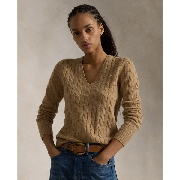 Polo Ralph Lauren Cable-knit Wool-cashmere V-neck Sweater In Collection Camel Melange