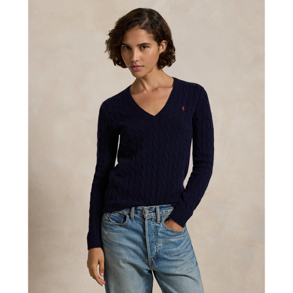 Cable-knit Wool-cashmere V-neck Sweater In Hunter Navy