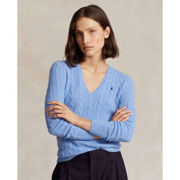 Ralph Lauren Cable-knit Wool-cashmere V-neck Sweater In New Litchfield Blue