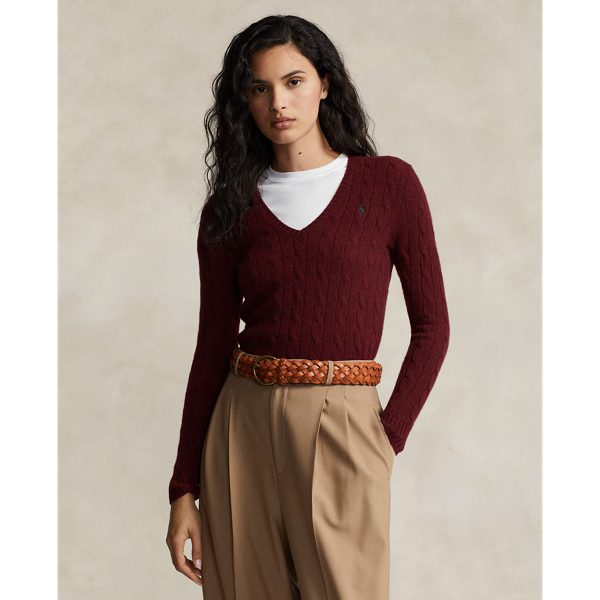 Ralph Lauren Cable-knit Wool-cashmere V-neck Sweater In Garnet Red Melange