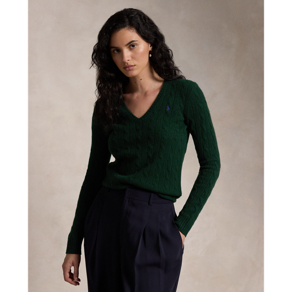 Ralph Lauren Cable-knit Wool-cashmere V-neck Sweater In Moss Agate