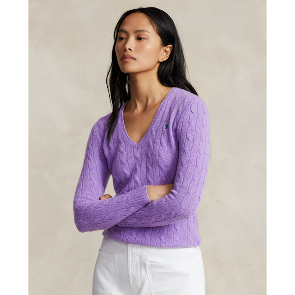 Ralph Lauren Cable-knit Wool-cashmere V-neck Sweater In Wisteria Melange