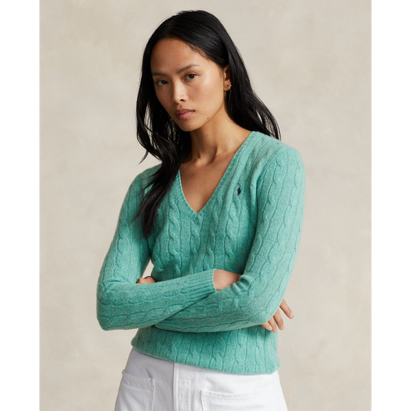 Ralph Lauren Cable-knit Wool-cashmere V-neck Sweater In Greenscape Melange
