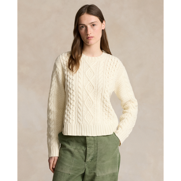 Ralph Lauren Aran-knit Wool-blend Crewneck Sweater In Cream