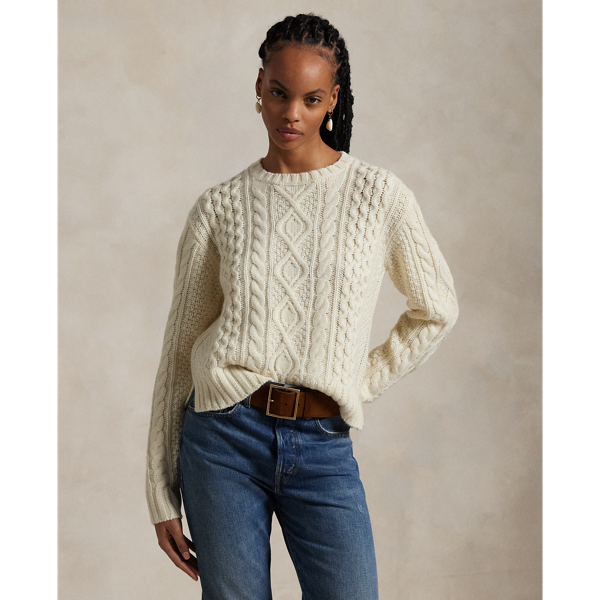 Ralph Lauren Aran-knit Wool-blend Crewneck Sweater In Cream