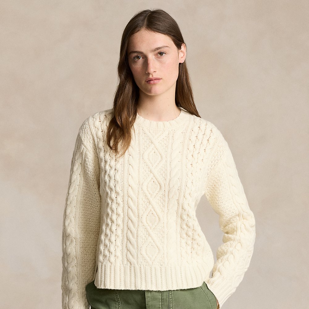 Ralph Lauren Aran-knit Wool-blend Crewneck Sweater In Cream