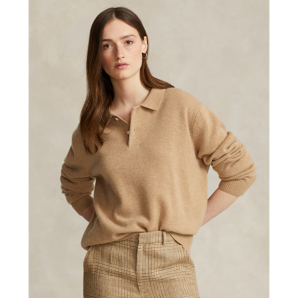 Polo Ralph Lauren Cashmere Polo-collar Sweater In Collection Camel Melange