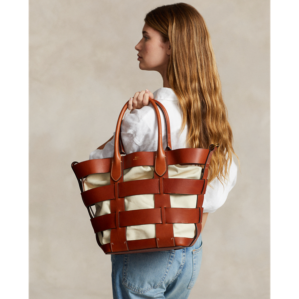 Ralph Lauren Leather Medium Basket-weave Bag In Cuoio