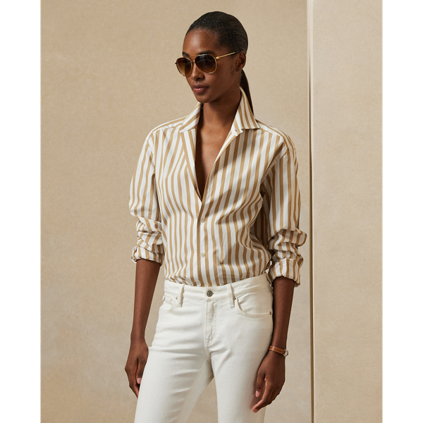 Ralph Lauren Striped Cotton Shirt In Icon Tan/white