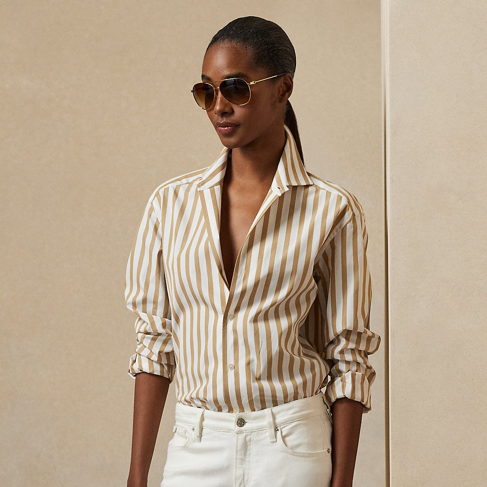 Ralph Lauren Striped Cotton Shirt In Icon Tan/white