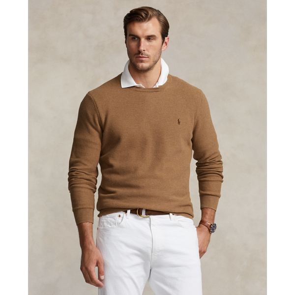 Polo Ralph Lauren Mesh-knit Cotton Crewneck Sweater In Latte Brown Heather