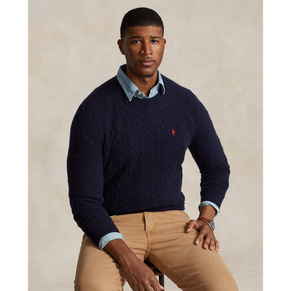 Polo Ralph Lauren Man Navy Blue Brided Cotton Sweater With Red Pony In Hunter Navy