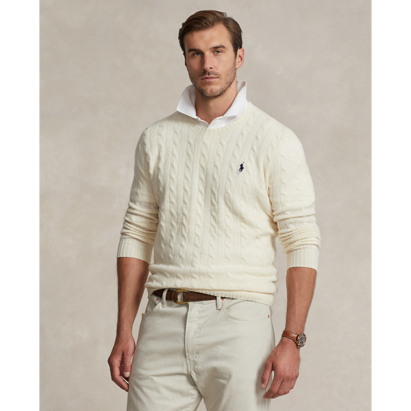 Polo Ralph Lauren White Cable-knit Crewneck Sweater With Front Contrasting Logo Embroidery In Wool And Cashmere In Andover Cream