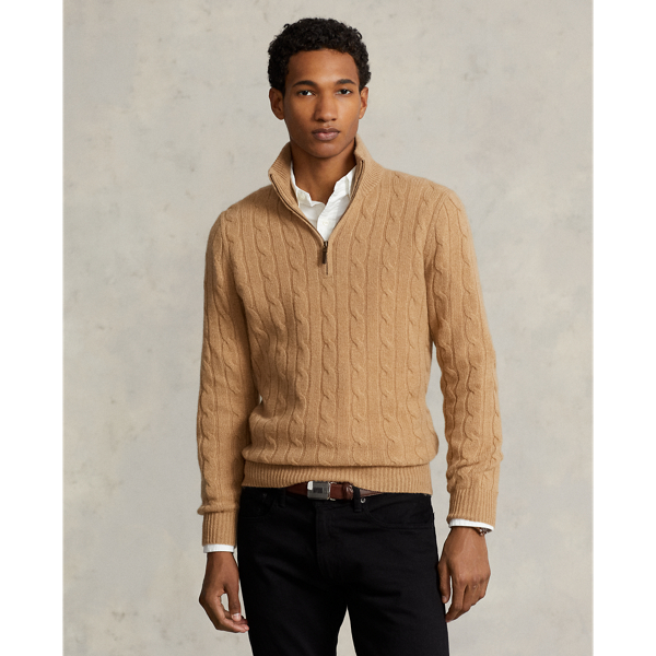 Ralph Lauren Cable-knit Cashmere Quarter-zip Sweater In New Camel Melange