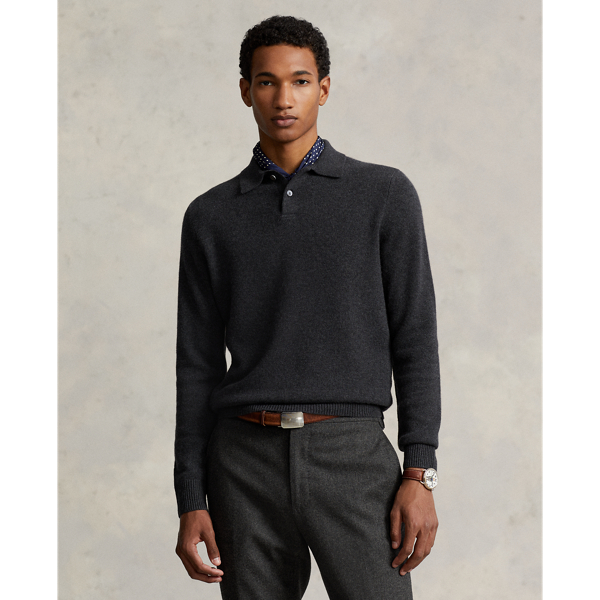 Ralph Lauren Cashmere Polo-collar Sweater In Dark Granite Hthr