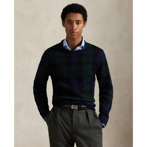 This jumper's lightweight wool yarn is worsted for durability and a fine, smooth texture. It features a plaid pattern inspired by traditional Scottish motifs as well as our signature embroidered Pony.