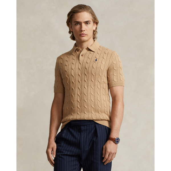 Polo Ralph Lauren Cable-knit Cotton Polo-collar Sweater In Camel Melange