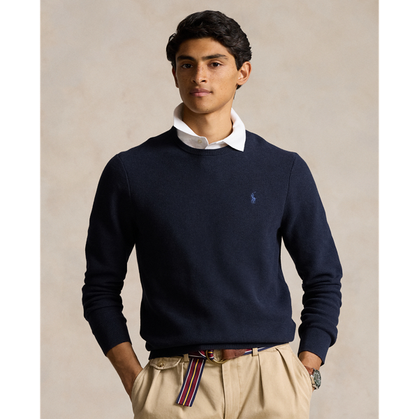 Ralph Lauren Textured Cotton Crewneck Sweater In Navy Htr