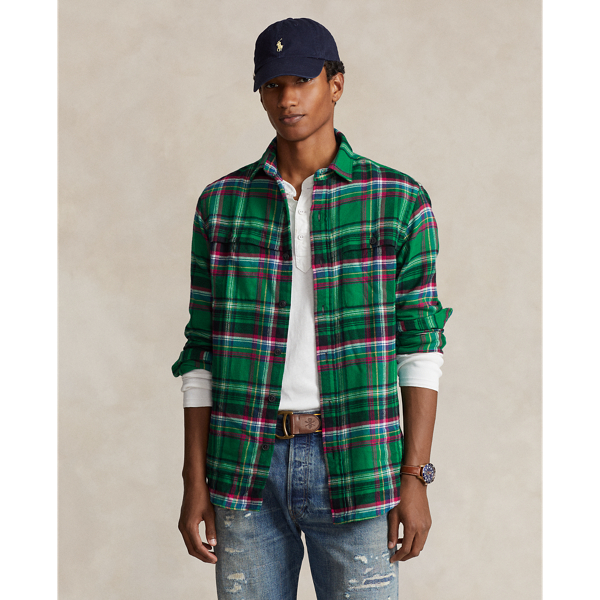 Ralph Lauren Classic Fit Suede-patch Plaid Workshirt In Green/black Multi
