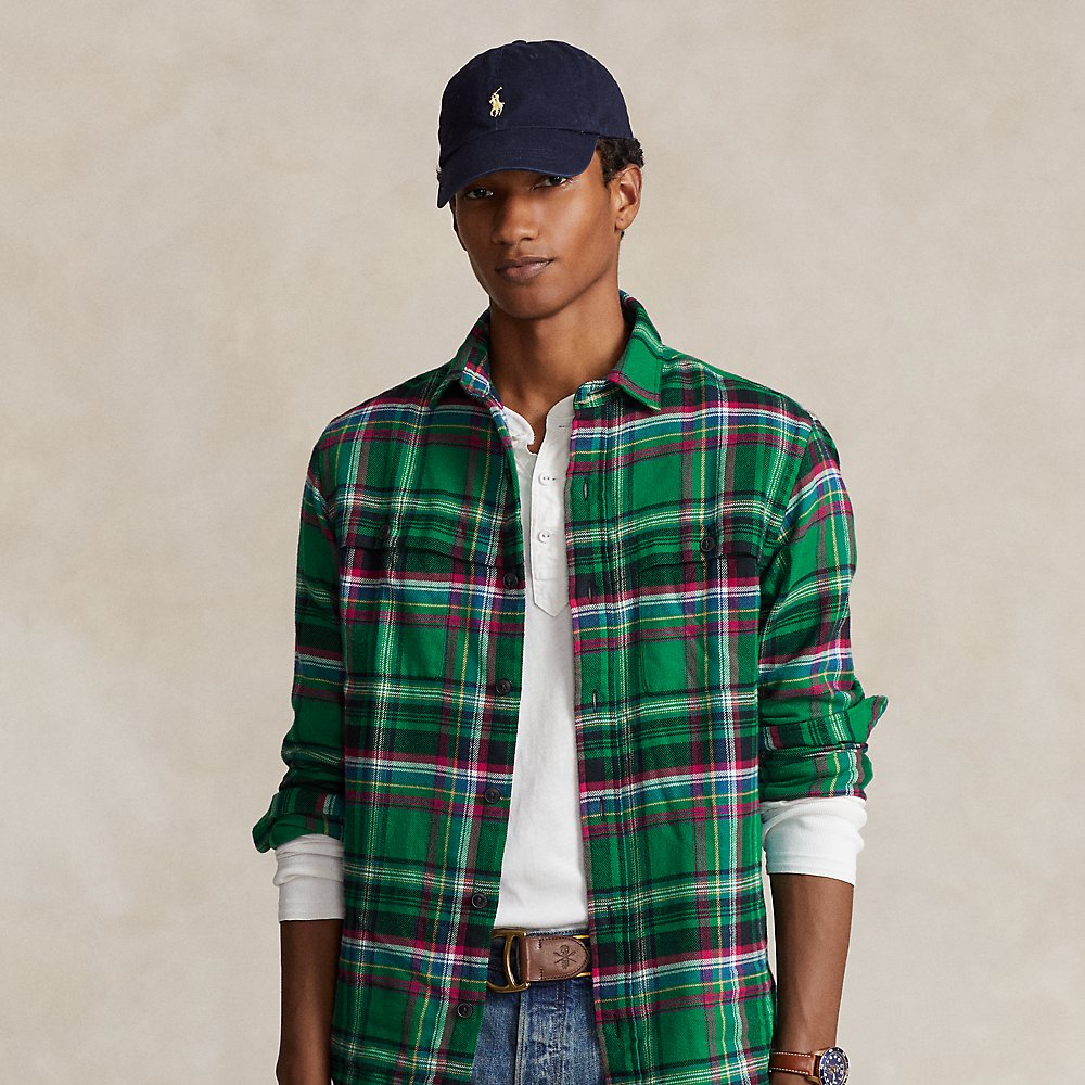 Ralph Lauren Classic Fit Suede-patch Plaid Workshirt In Green/black Multi