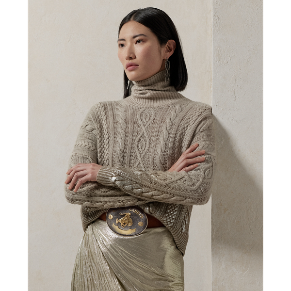 Ralph Lauren Hand-painted Cable-knit Turtleneck In Metallic Wheat