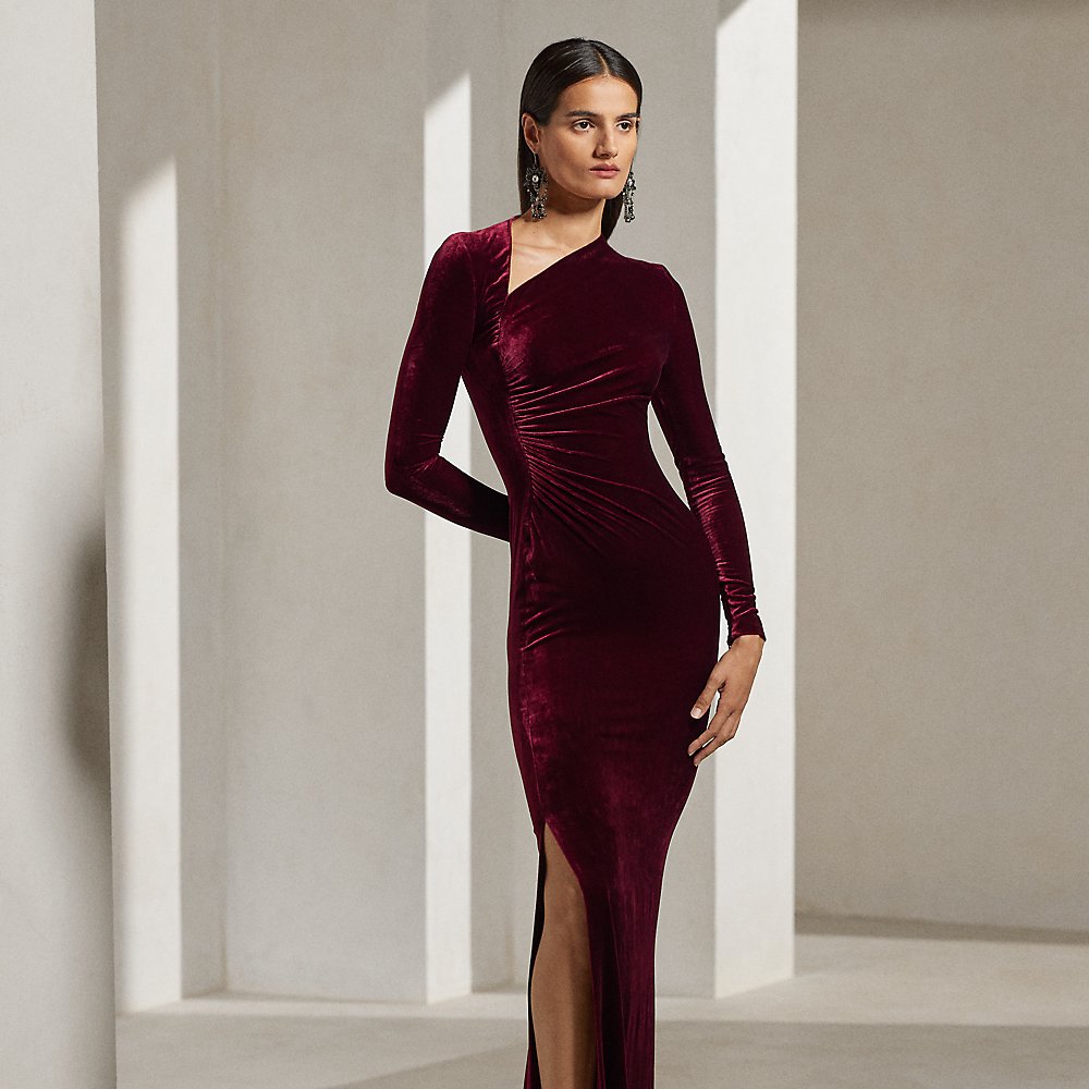 Collection Kinslee Velvet Long-sleeve Evening Dress In Burgundy