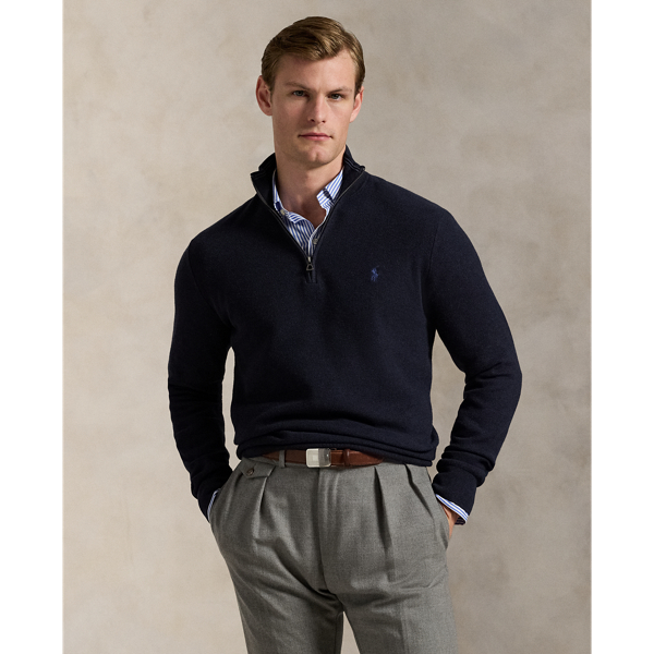 Ralph Lauren Mesh-knit Cotton Quarter-zip Sweater In Navy Htr