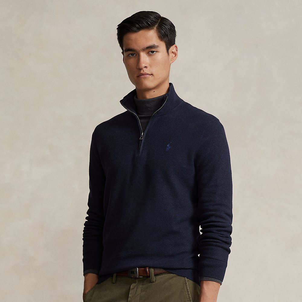Ralph Lauren Mesh-knit Cotton Quarter-zip Sweater In Navy Htr