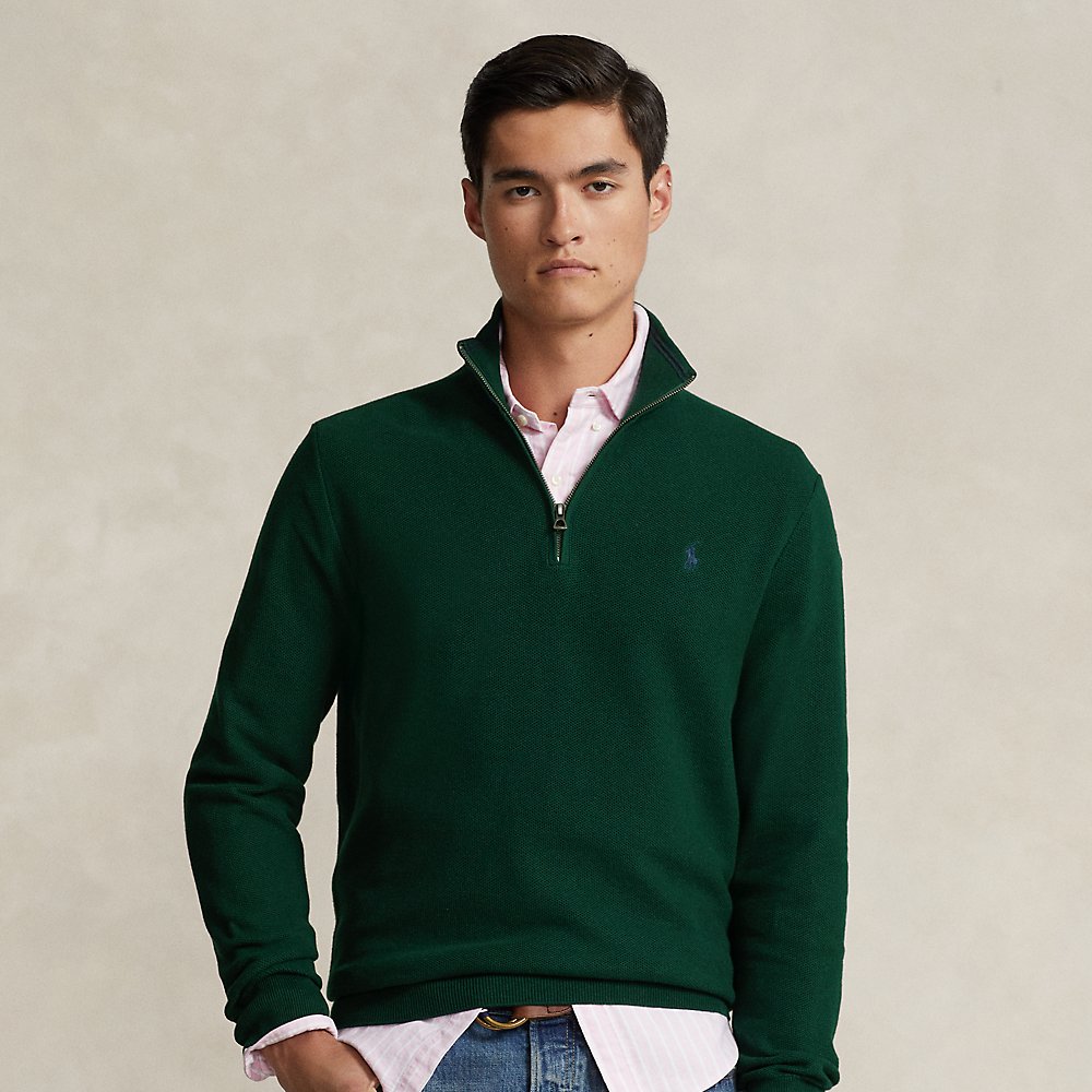 Ralph Lauren Mesh-knit Cotton Quarter-zip Sweater In Moss Agate
