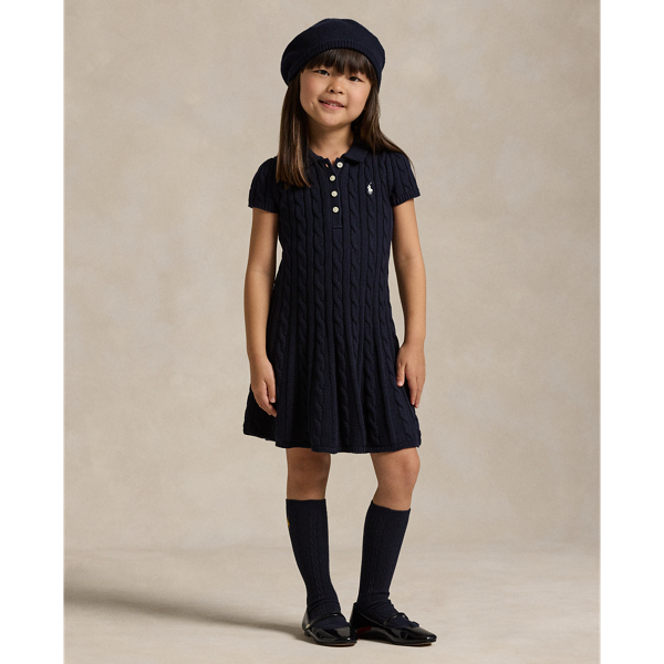 Polo Ralph Lauren Kids' Cable-knit Cotton Polo Sweater Dress In Rl Navy W/ Peach