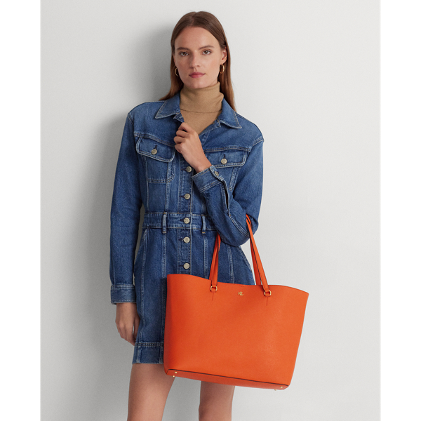 Ralph Lauren Crosshatch Leather Large Karly Tote In Harvest Orange