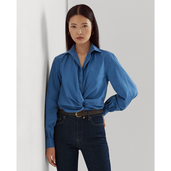 Twist-front Broadcloth Cropped Shirt In Frosted Lapis