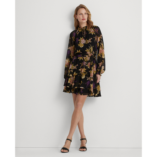 Lauren Ralph Lauren Floral Belted Crinkle Georgette Dress In  Black,tan,multi