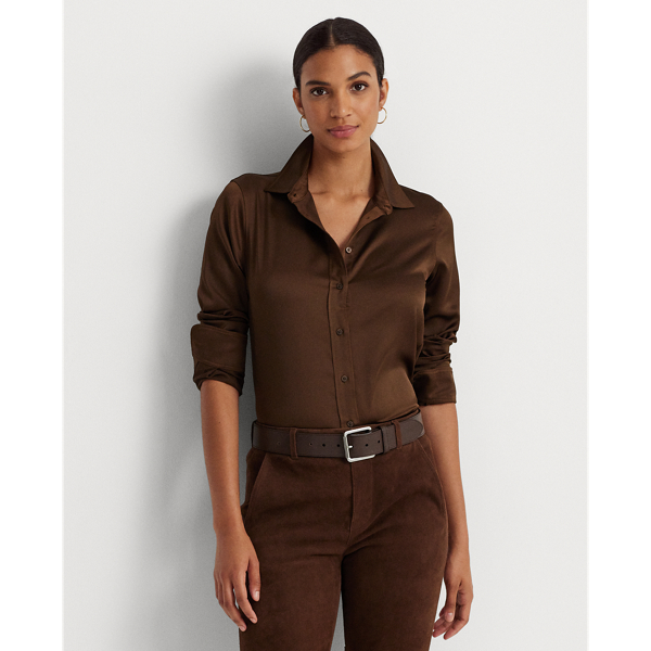 Lauren Ralph Lauren Satin Charmeuse Shirt In Brown Birch