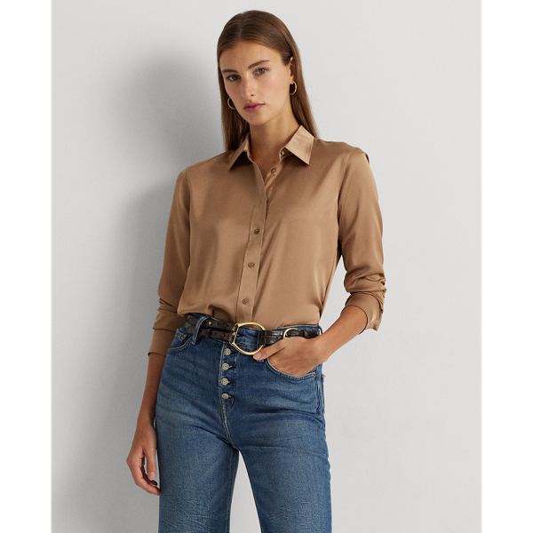Lauren Petite Satin Charmeuse Shirt In Classic Camel