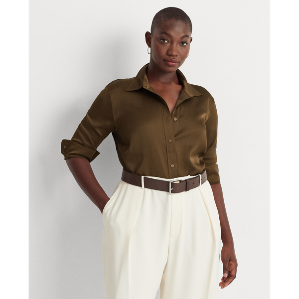 Lauren Woman Satin Charmeuse Shirt In Brown Birch