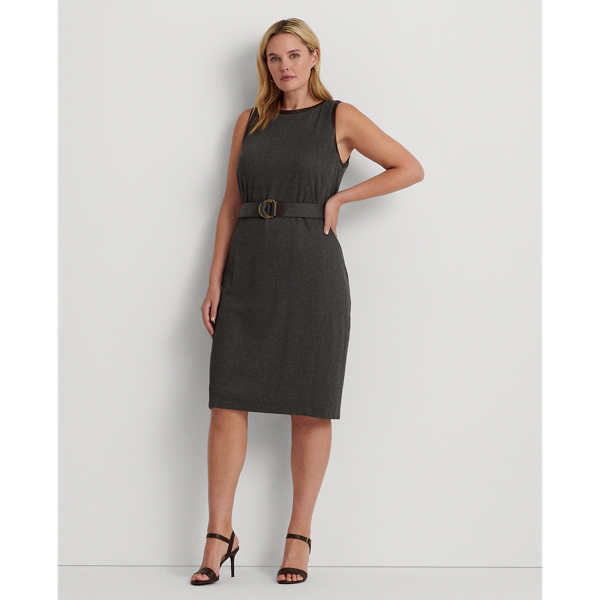 Faux-leather-trim Belted Jacquard Dress In Modern Grey Heather