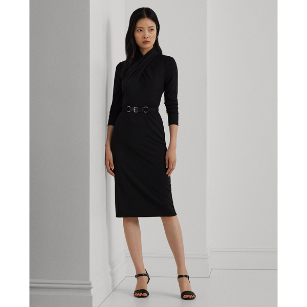 Ralph Lauren Belted Mockneck Jersey Dress In Black