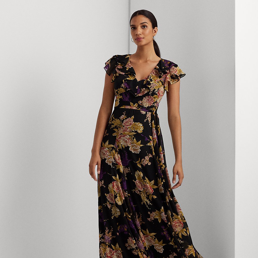 Lauren Ralph Lauren Floral Belted Crinkle Georgette Gown In Black,tan,multi