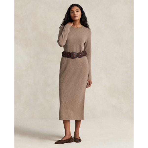 Ralph Lauren Cashmere Crewneck Sweater Dress In Almond Heather