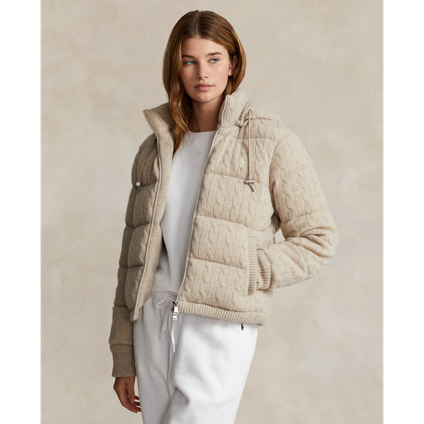 Polo Ralph Lauren Cable-knit Hooded Down Coat In Tuscan Beige Heather